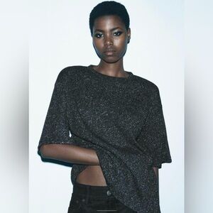 Zara Metallic Threaded Black SS Sweater | Silver Threads | Crew Neck | NWT